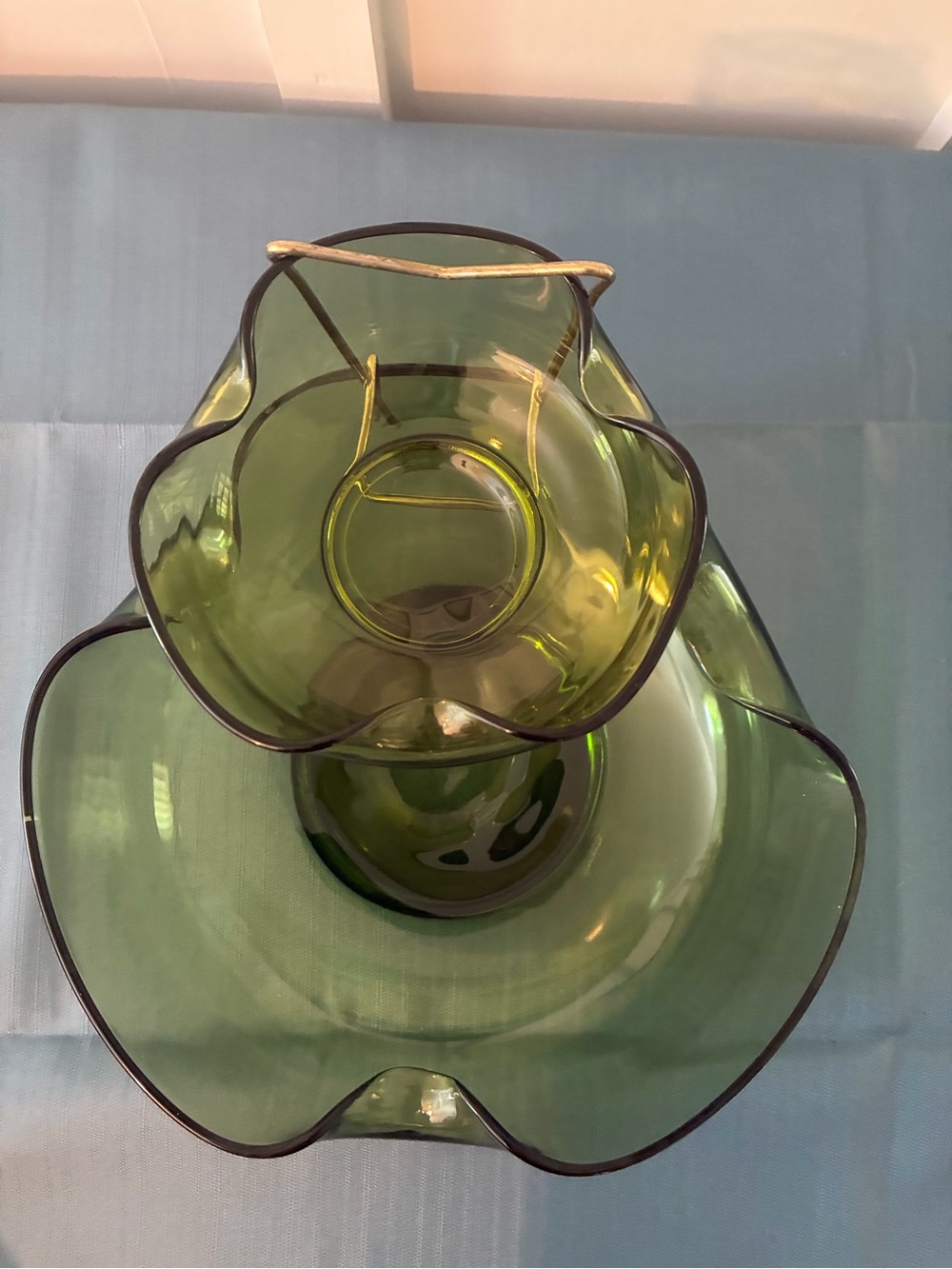 Vintage MCM Anchor Hocking Avocado Green Pinched Glass Chip & Dip Bowl Set 1970s - Picture 2 of 9